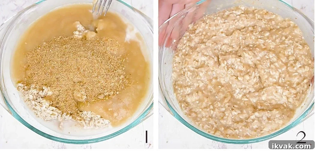 Mixing wet ingredients (apple sauce, soaked oats, coconut oil and maple syrup with ground flax seeds)