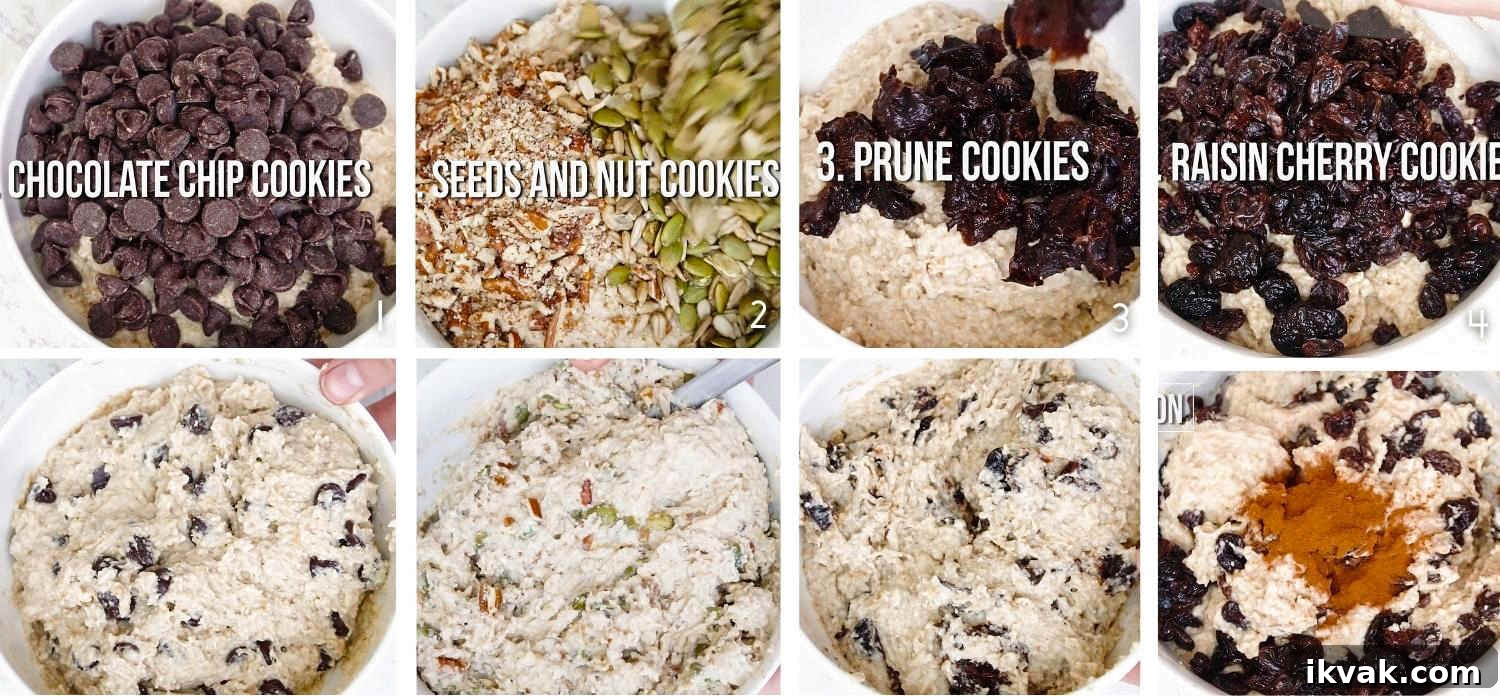 Add-ins for your vegan oatmeal cookies: chocolate chips, seeds, nuts, dried prunes, dried cherries, raisins and cinnamon.