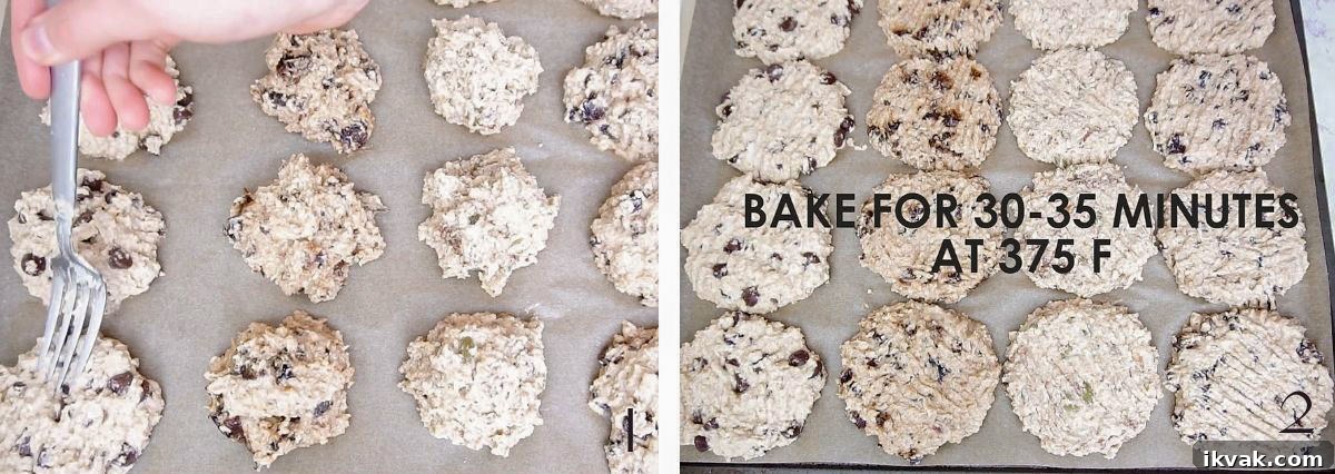Scooping cookie dough onto baking sheets and flattening with a fork.