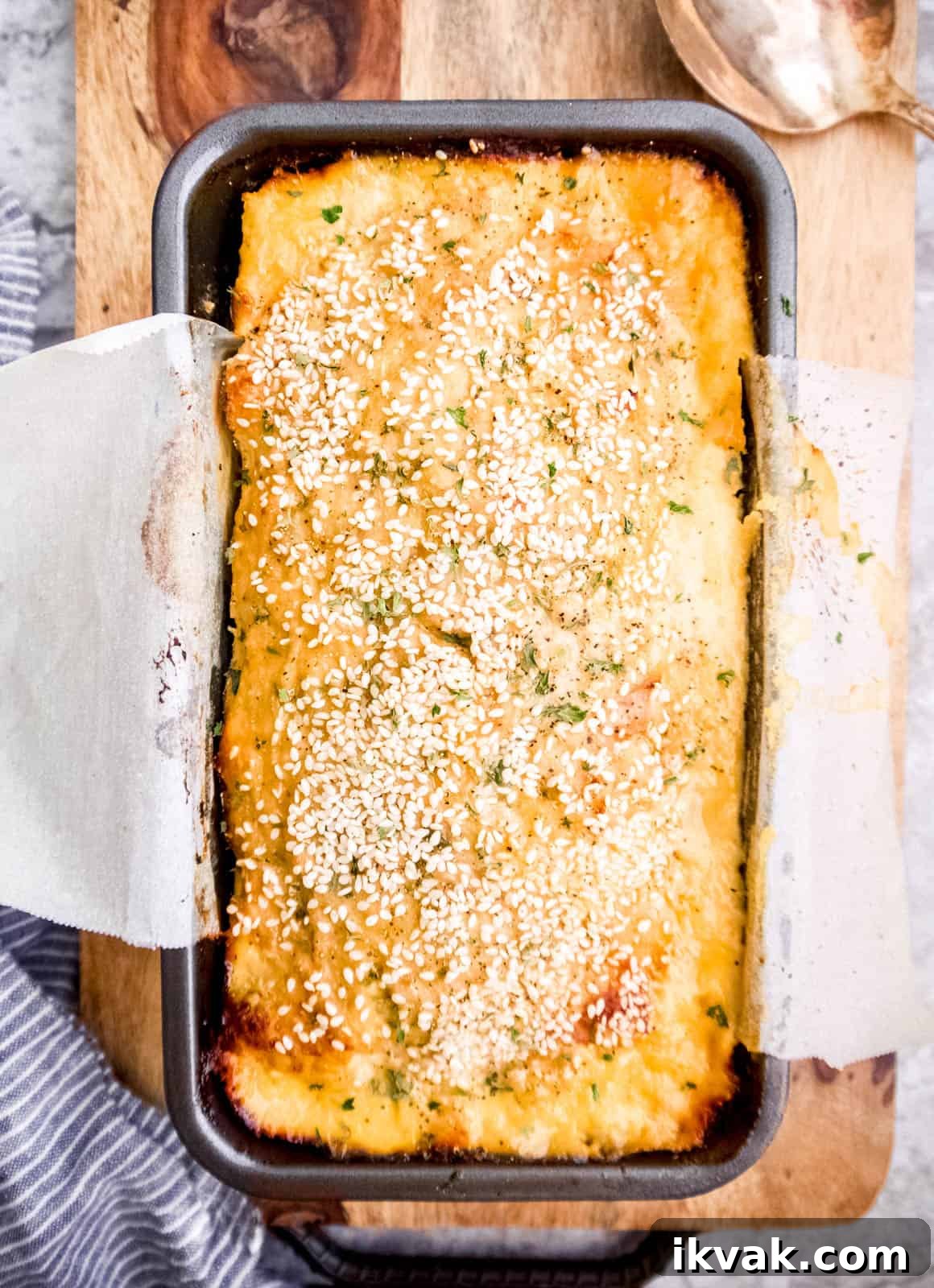 Paleo Turkey Meatloaf with Honey Sesame Glaze 3 Paleo turkey meatloaf with honey sesame seasoning in a pan.