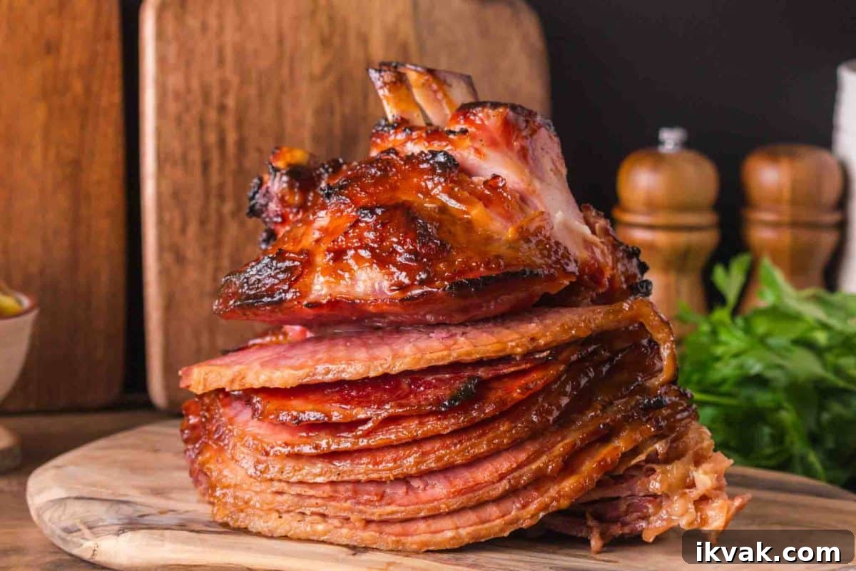 Honey-Baked Ham with Brown Sugar Glaze Recipe 2 Spiral ham fanned out on cutting board displaying perfectly cooked pink meat with shiny glaze - Hostess At Heart