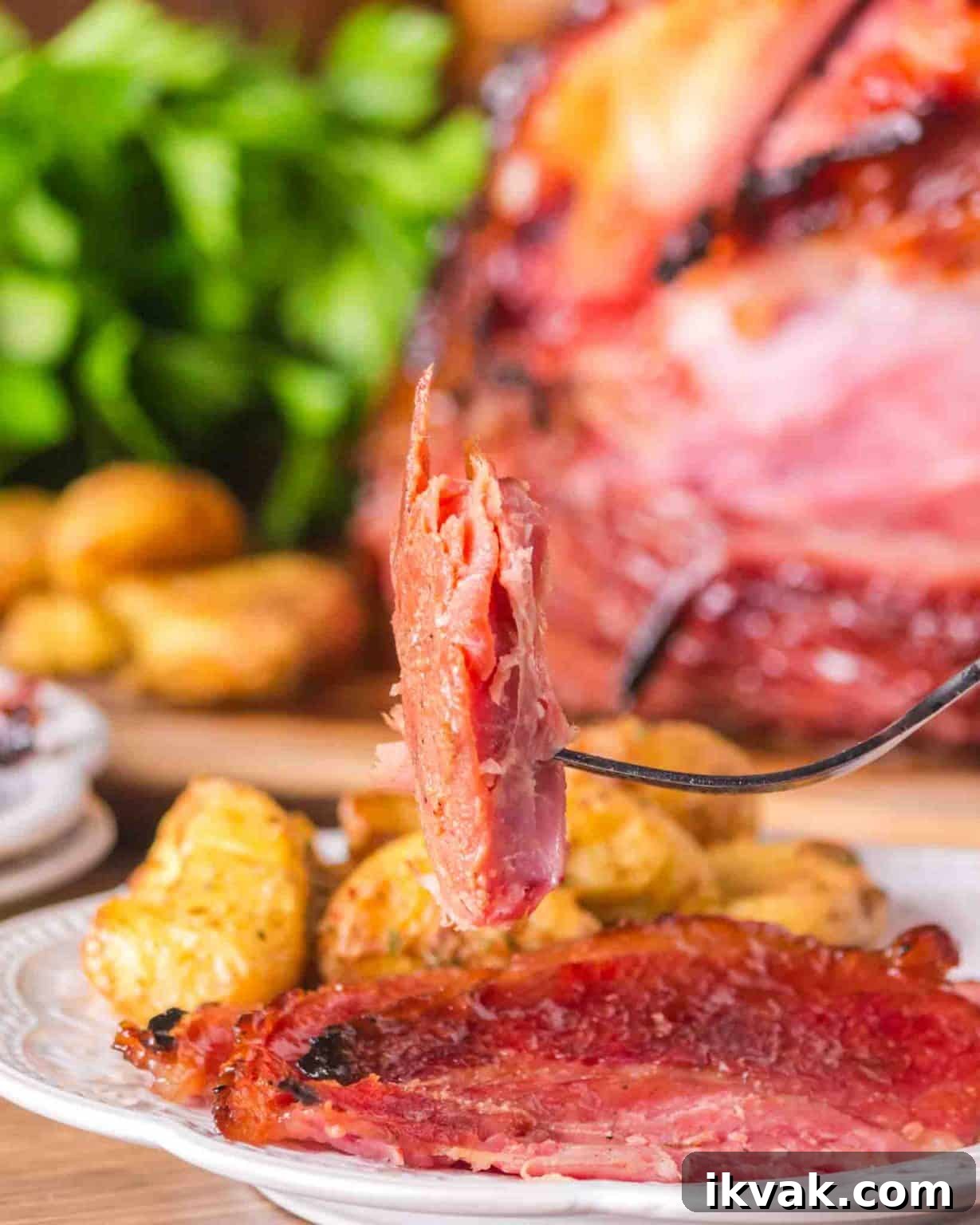 Honey-Baked Ham with Brown Sugar Glaze Recipe 10 A side shot of a bite of tender and moist baked honey ham on a fork. Hostess At Heart