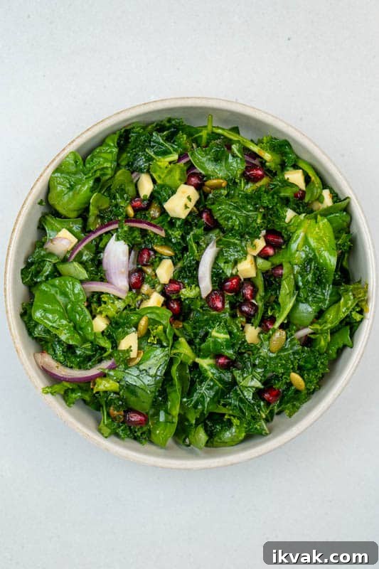 Crisp Kale and Spinach Salad with Cheddar and Pepitas 2 Spinach & Kale Salad with Cheese & Pomegranate