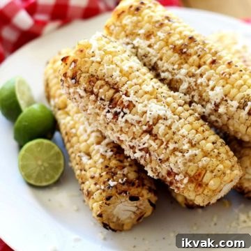 A plate of Corn on the cob and Cotija cheese on a white plate.