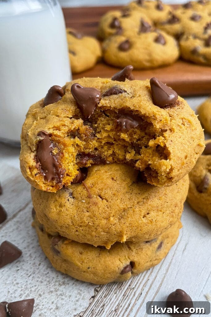 the best soft and chewy pumpkin chocolate chip cookies stacked on top of each other
