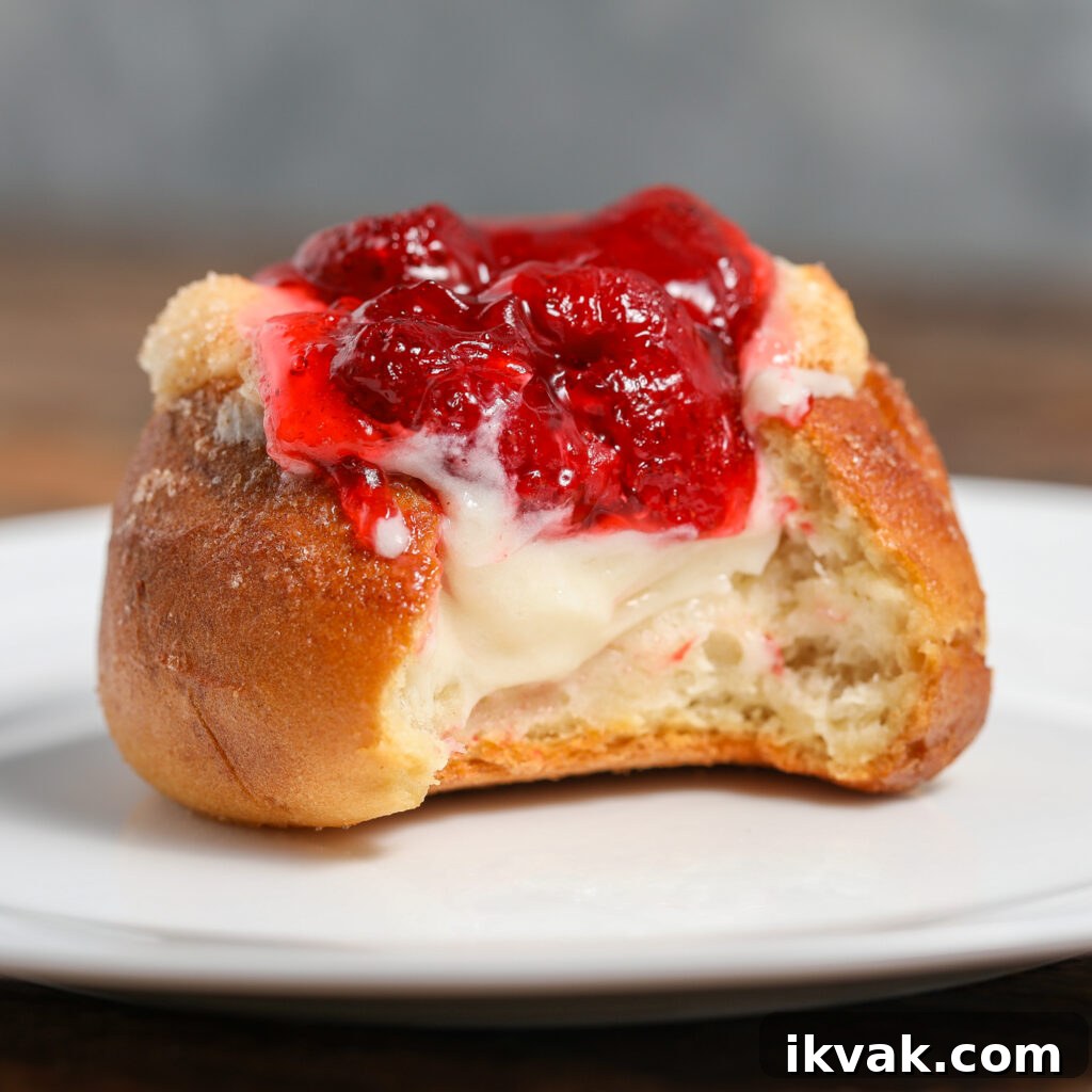 A sweet pastry, reminiscent of strawberry danish sliders, with a creamy filling and glazed strawberries on top sits on a white plate, a bite revealing its soft interior.