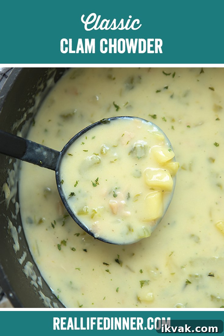 Pinterest picture of Classic Clam Chowder with the text of the title at the top.