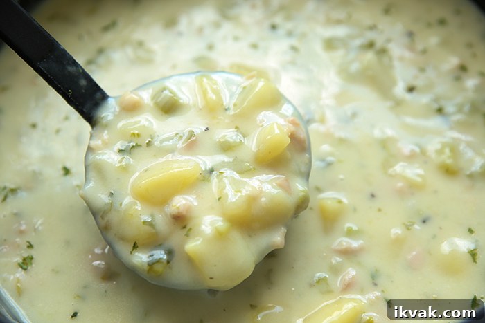 A black ladle of classic clam chowder held above a soup pot of chowder.
