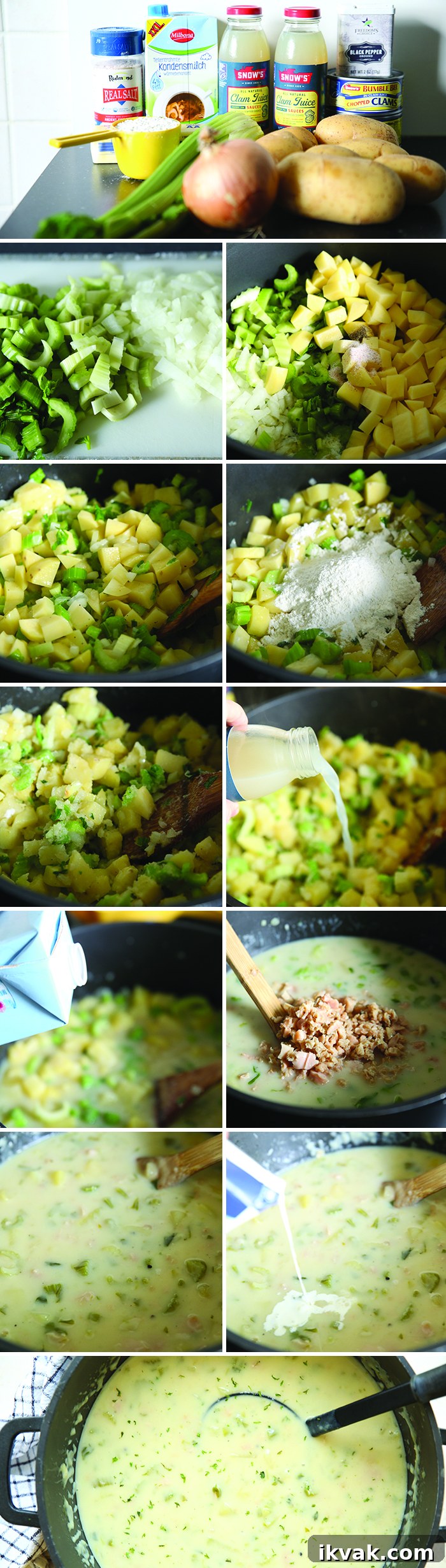 12-photo picture college of step-by-step photos on how to make Classic Clam Chowder.