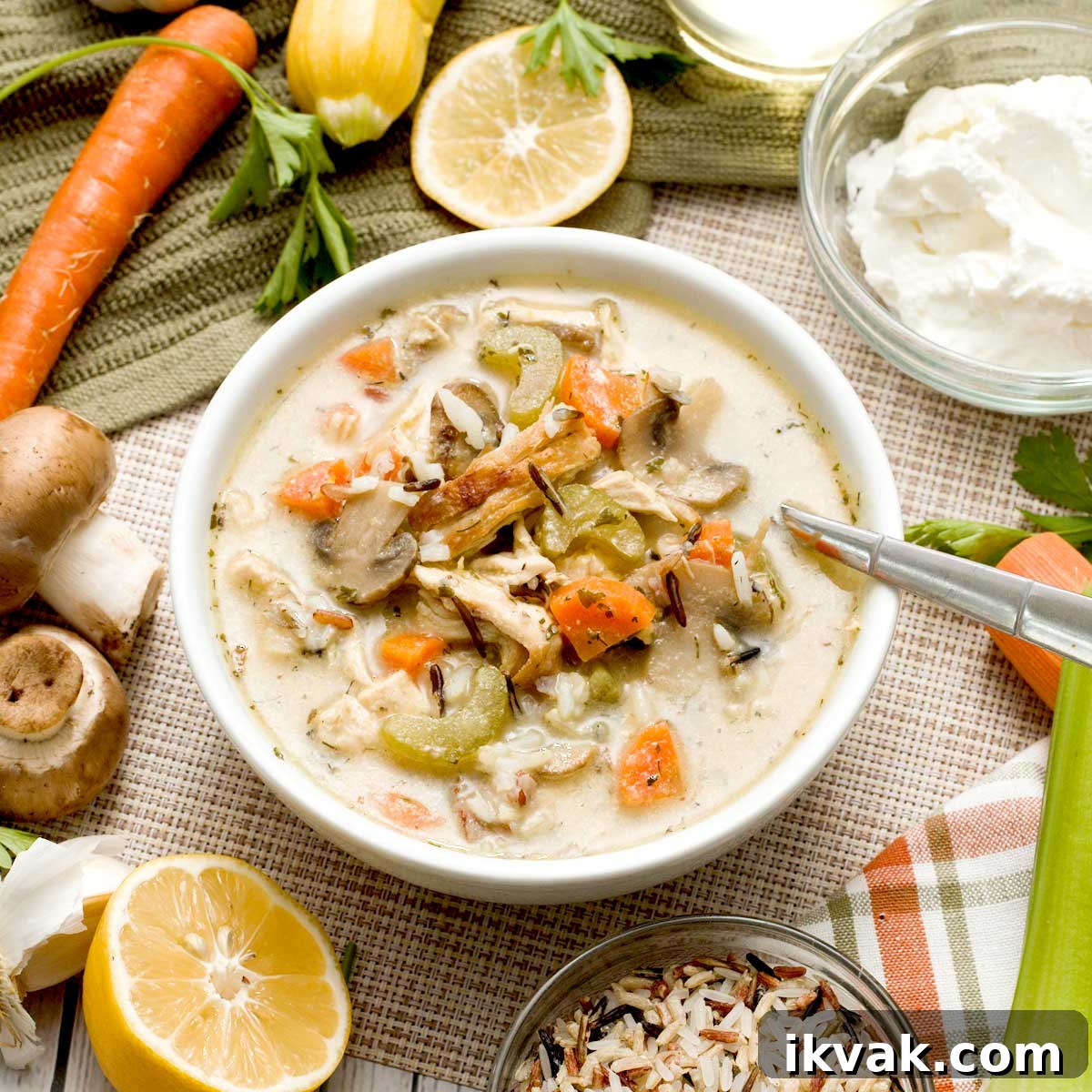 Honey Garlic Pan-Seared Salmon in a HexClad Skillet 13 A bowl of creamy chicken and wild rice soup without cream and with greek yogurt.