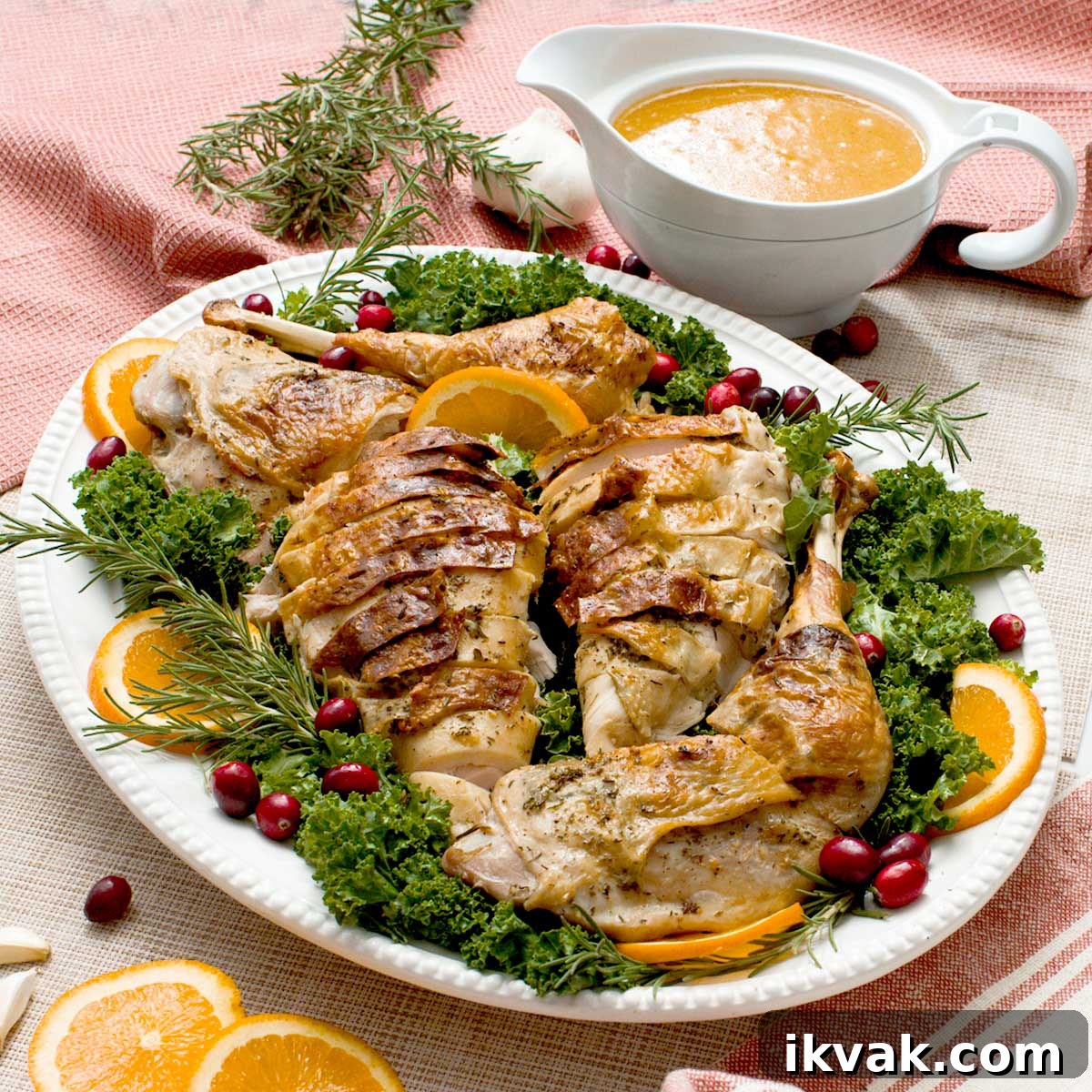 Honey Garlic Pan-Seared Salmon in a HexClad Skillet 16 A crispy spatchcock turkey with gluten-free gravy on a serving platter.