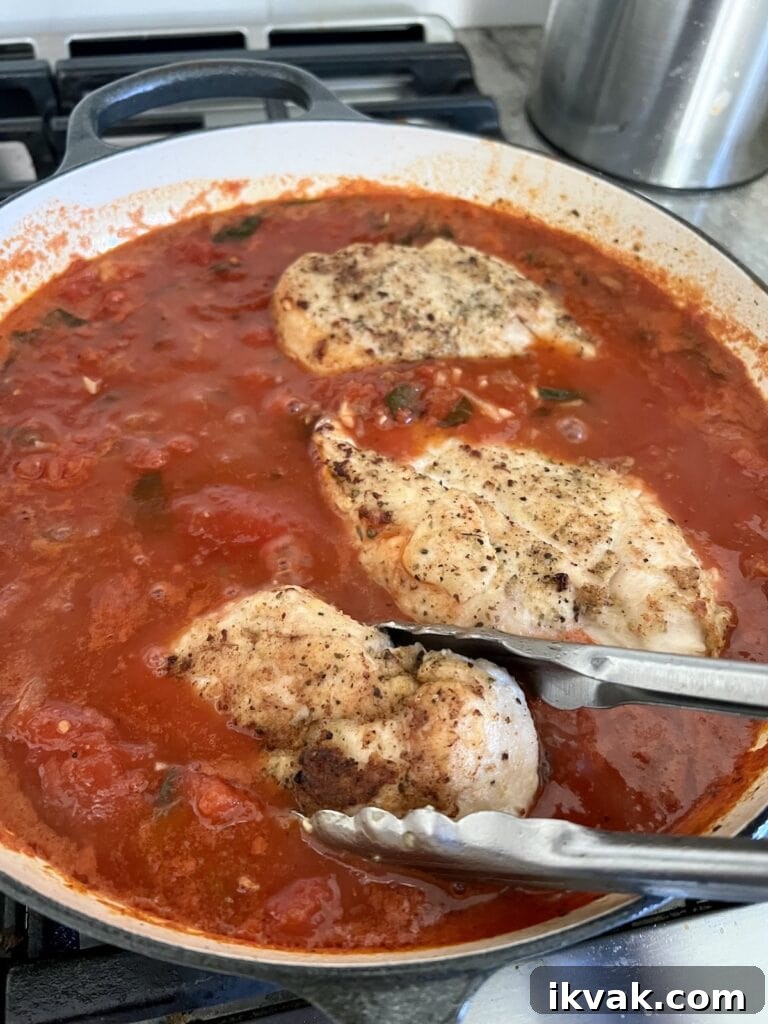 Adding seared chicken breasts back to sauce in pan for the Easy Chicken Pomodoro recipe.