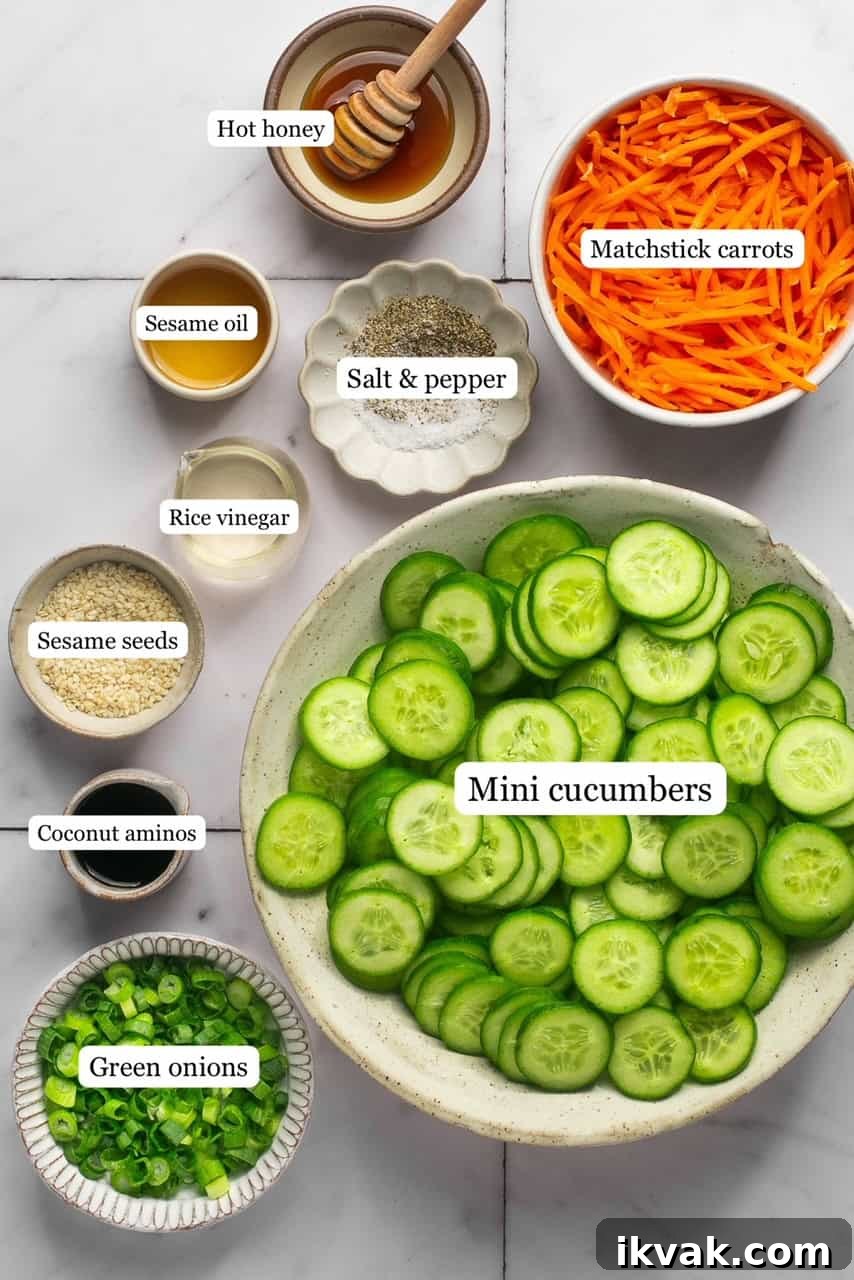 Crisp Cucumber and Carrot Salad with Tangy Dressing 3 recipe ingredients in small bowls and labeled