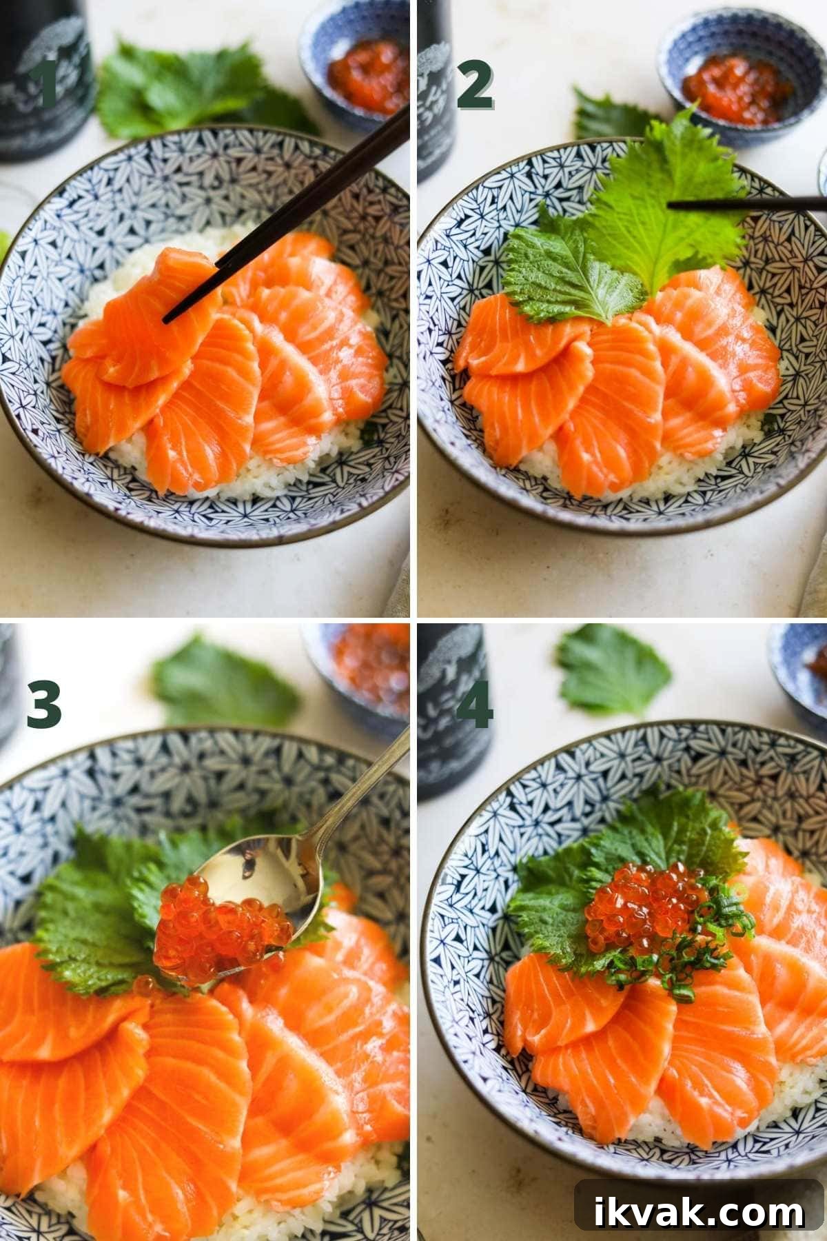 Steps to make salmon sashimi donburi rice bowl.
