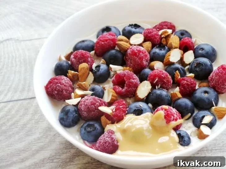 Vegan overnight oats with peanut butter, berries and chia seeds