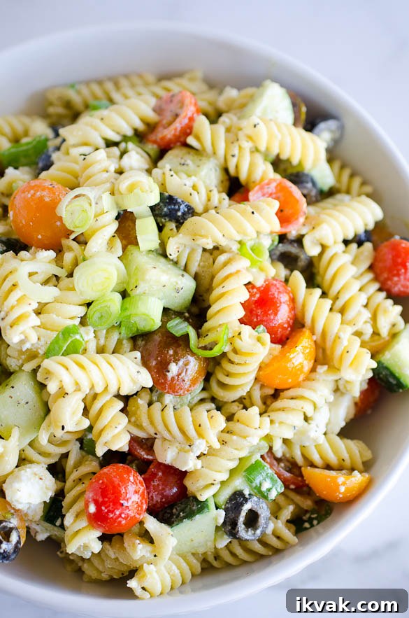 greek pasta salad in a bowl