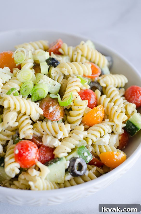 greek pasta salad in a bowl