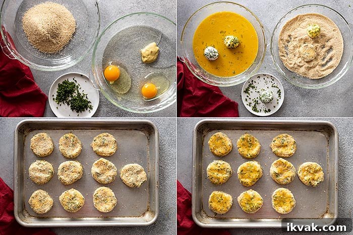 Four pictures showing how to make the goat cheese medallions. 