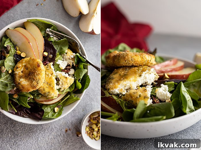 Two pictures showing the salad with a cut open medallion of goat cheese. 