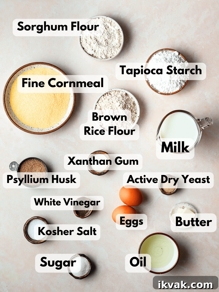 Gluten-Free Sandwich Bread Recipe for Soft, Everyday Loaves 3 a collage of ingredients needed to make gluten free sandwich bread. ingredients are shown in small bowl