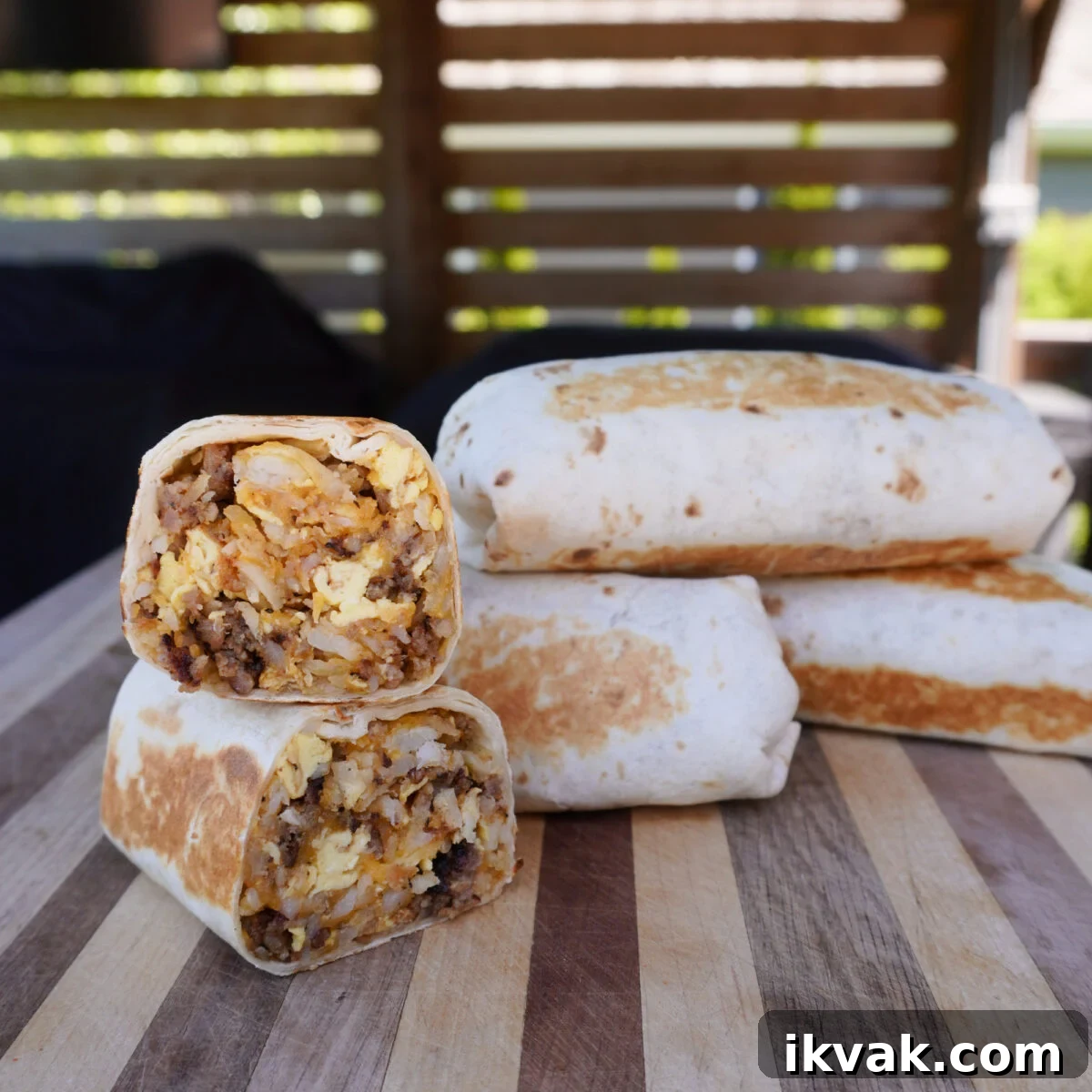 The ultimate breakfast burrito sliced.