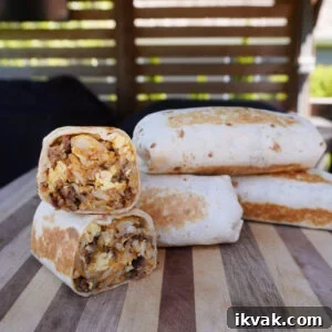 The ultimate breakfast burrito sliced.