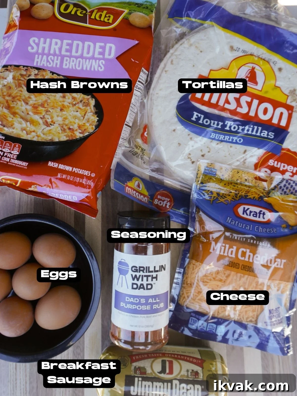 Ingredients needed to make the Ultimate Breakfast Burrito.