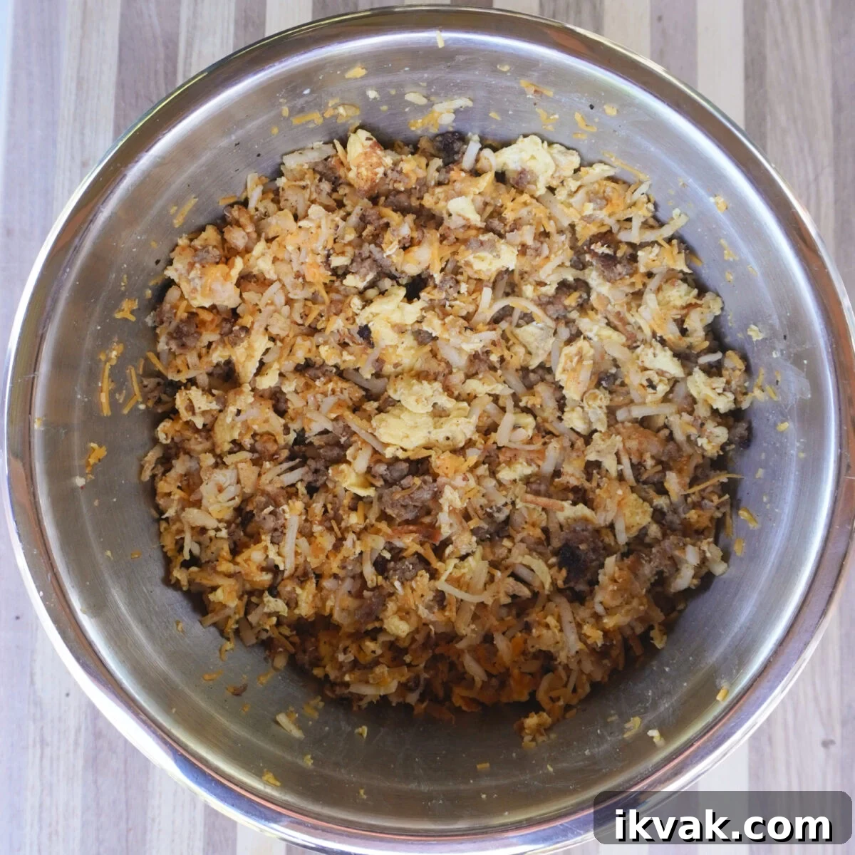 Breakfast burrito ingredients in a bowl.