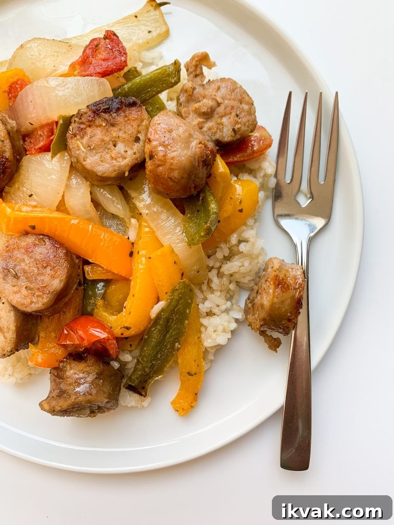Sheet Pan Sausage and Peppers Dinner Recipe 5 Finished sheet pan meal