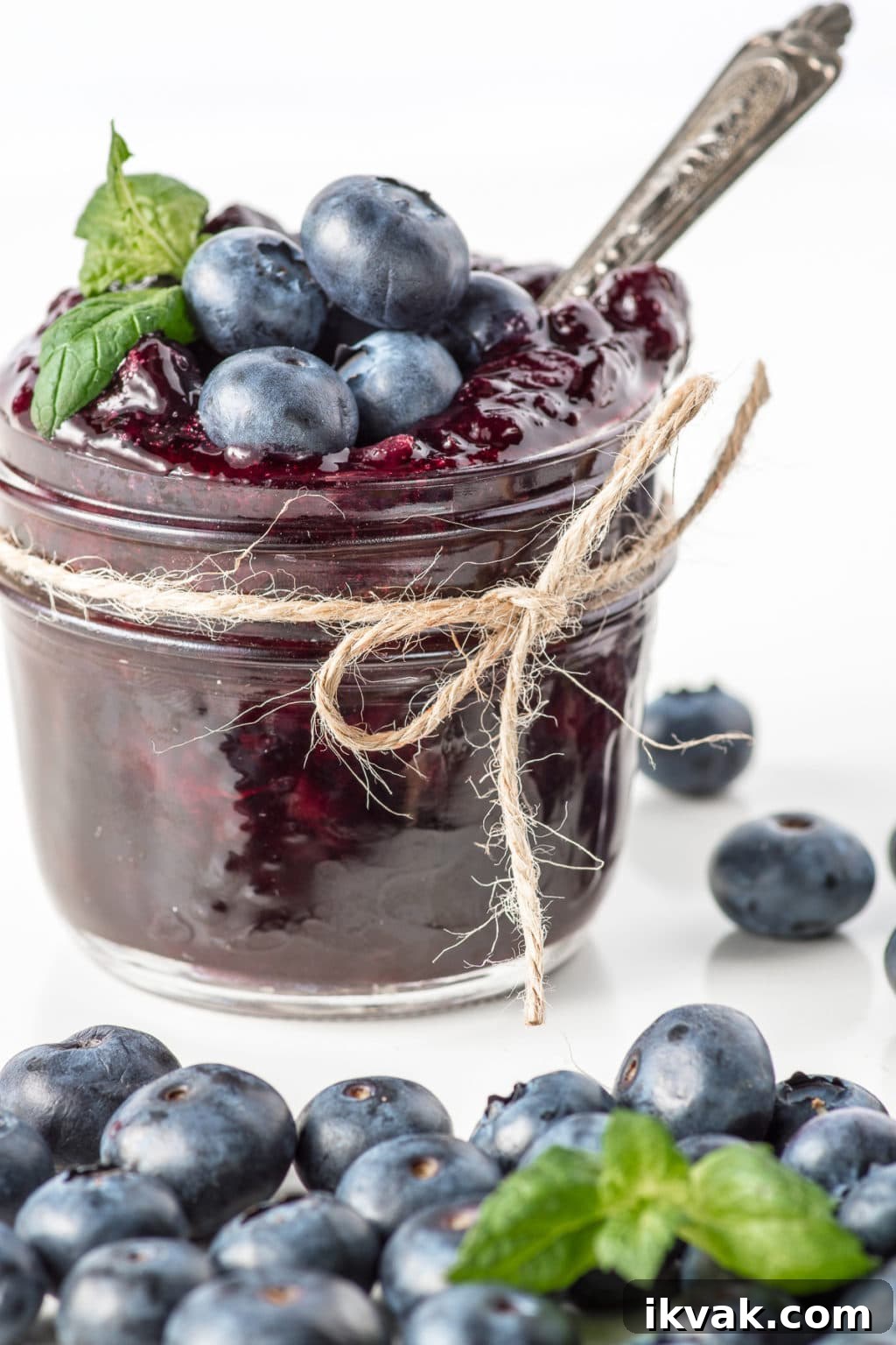 Small jar of sugar-free blueberry jam with a piece of twine wrapped around the top tied into a bow.