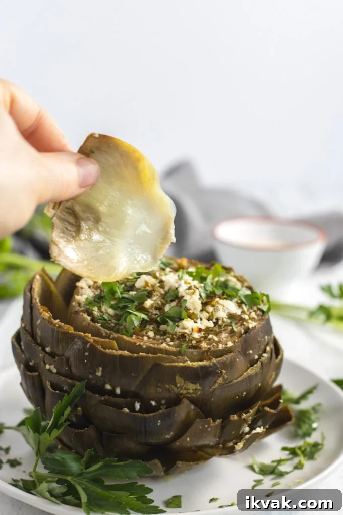 Mediterranean-Style Baked Artichokes with Lemon and Herbs 6 pulling a leaf off of a baked artichoke
