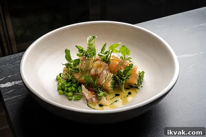 Cured white trout, phyllo dough, trout foam, watercress and mustard.