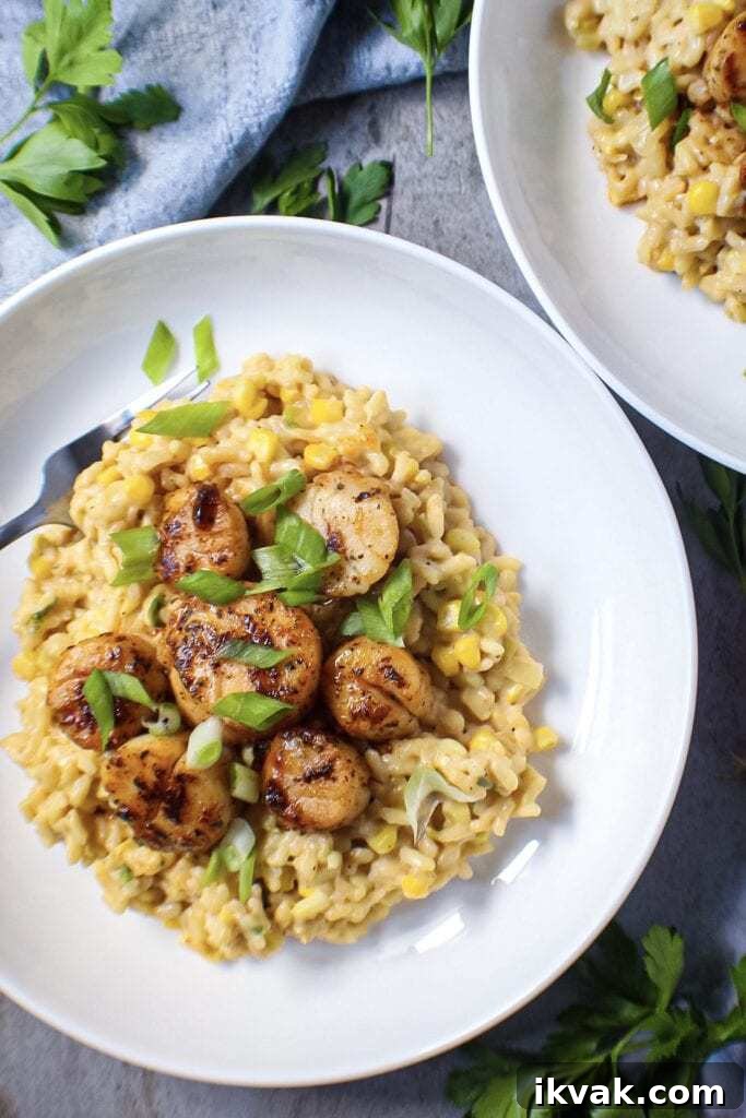 Seared Sea Scallops with Creamy Corn Risotto Recipe 2 Seared sea scallops over corn risotto
