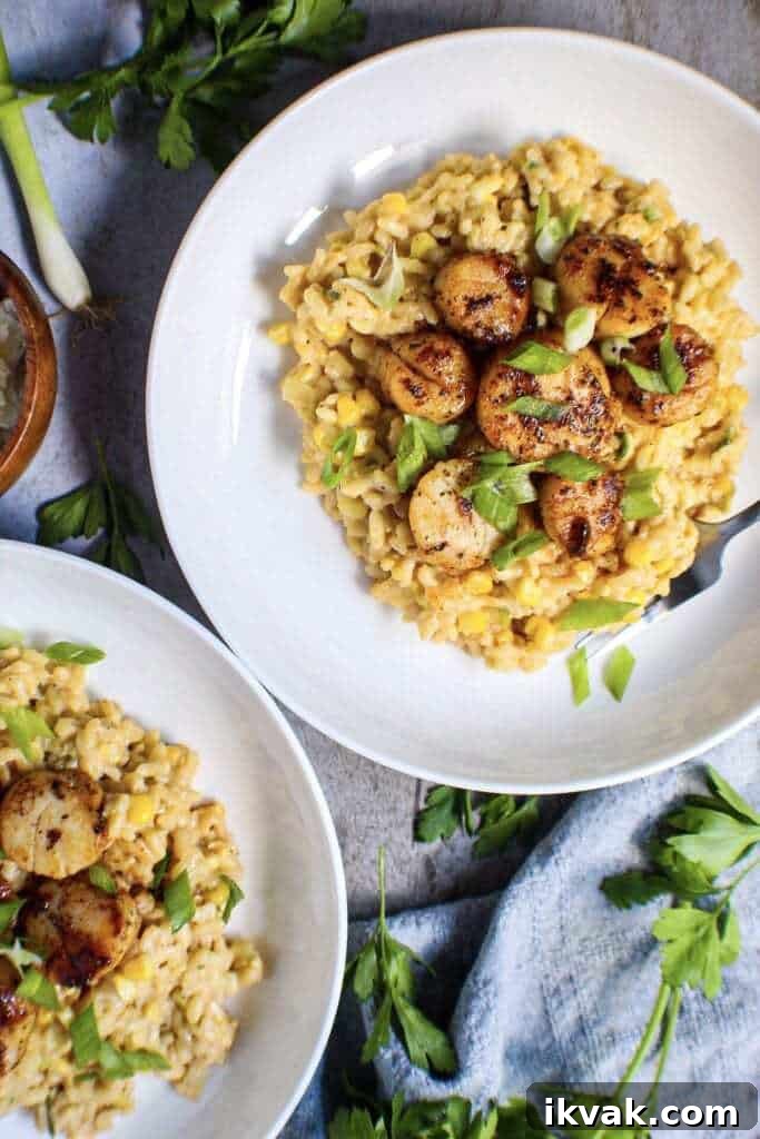 Seared Sea Scallops with Creamy Corn Risotto Recipe 3 sea scallops over corn risotto