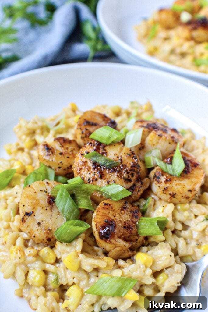 Seared Sea Scallops with Creamy Corn Risotto Recipe 7 sea scallops over corn risotto