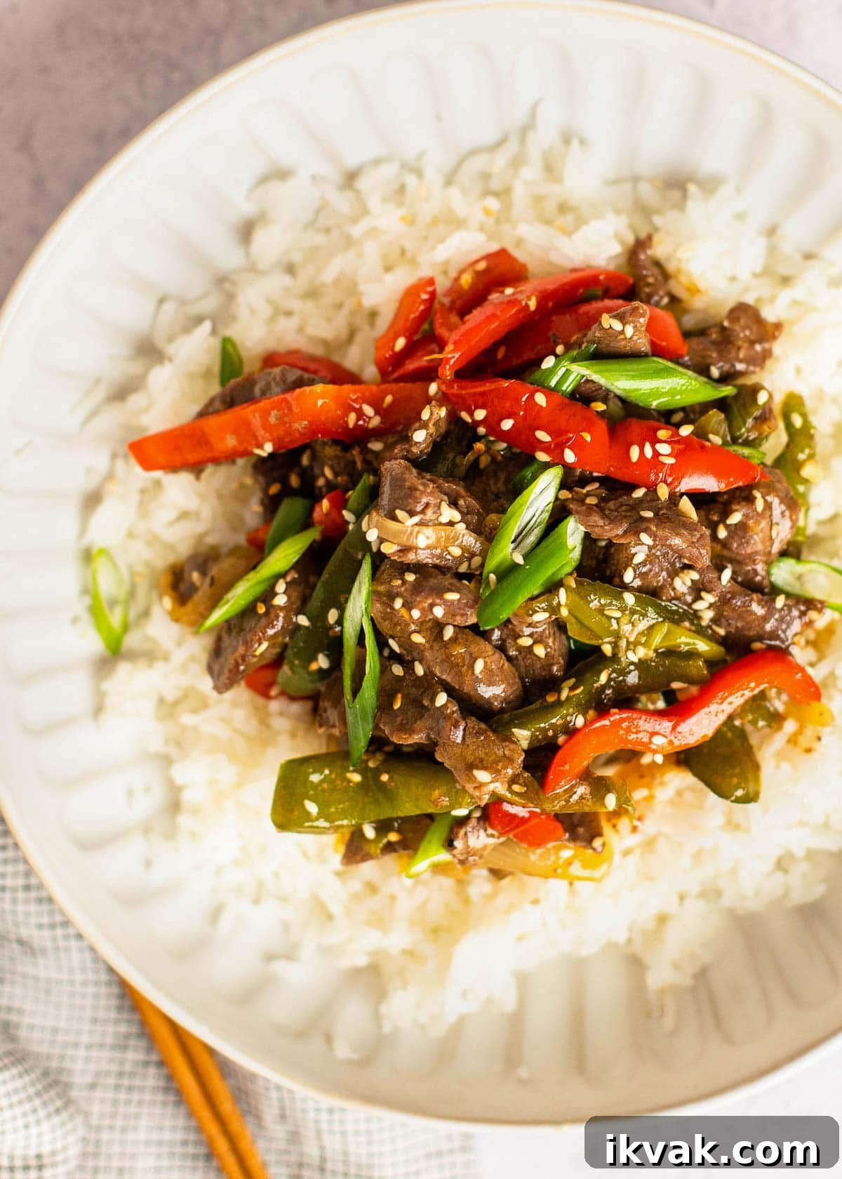 Pepper steak on a plate with rice