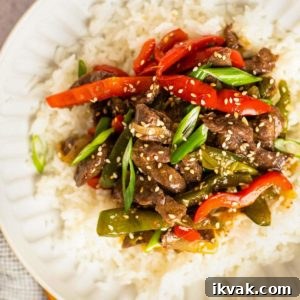 Pepper steak on a plate with rice
