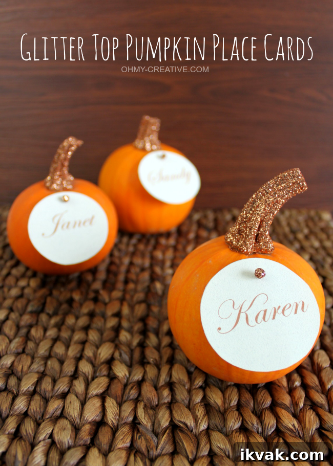 Easy to Create Glitter Top Pumpkin Place Cards for Fall or Thanksgiving entertaining