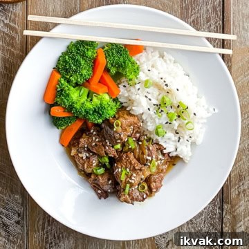 single serving of Asian beef stew with rice, broccoli, and carrots