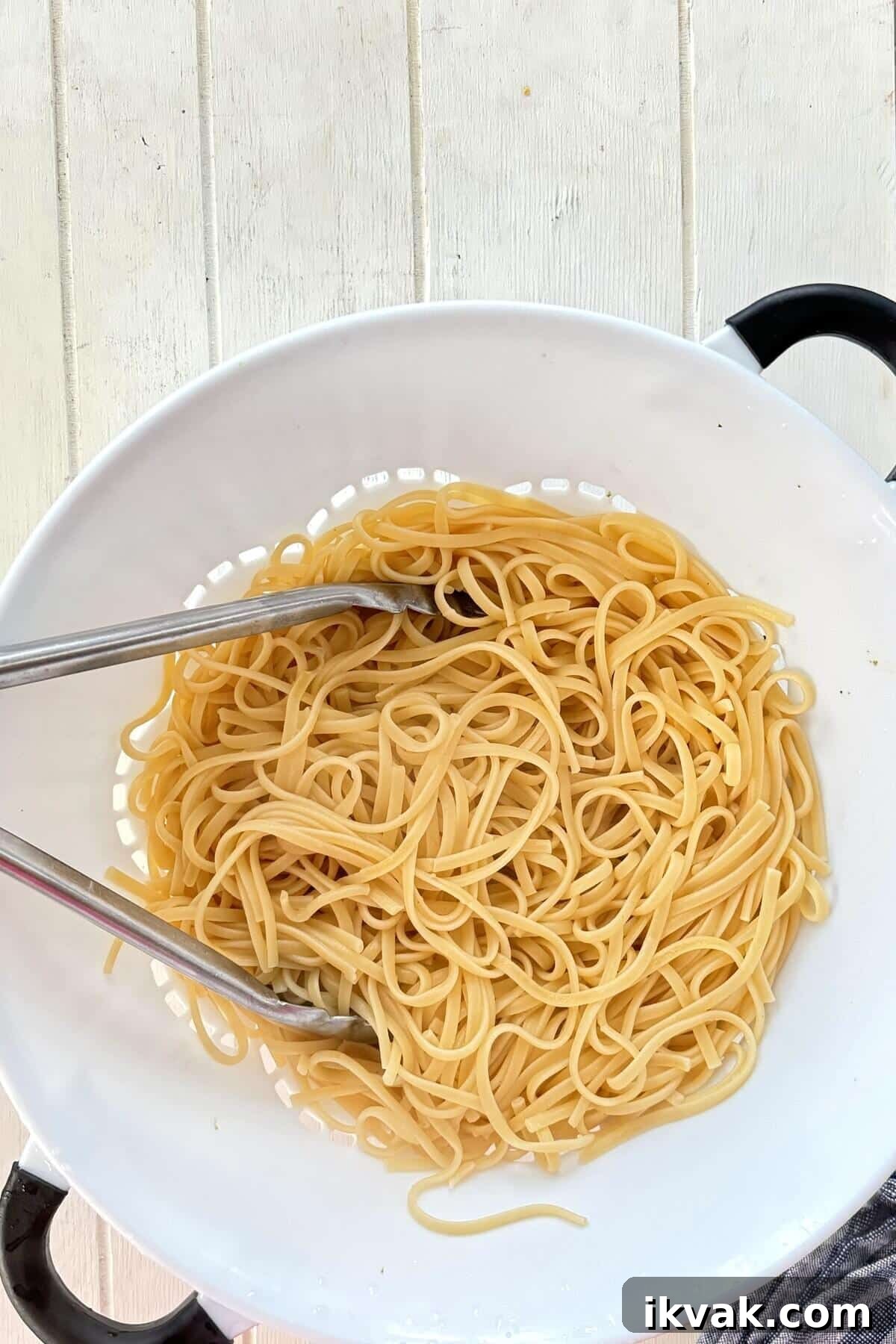 drained noodles in a colander.