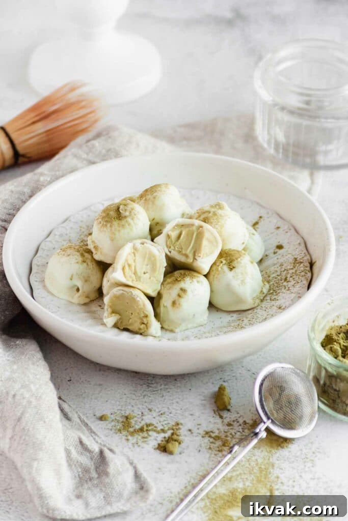 bowl with biitten matcha truffles