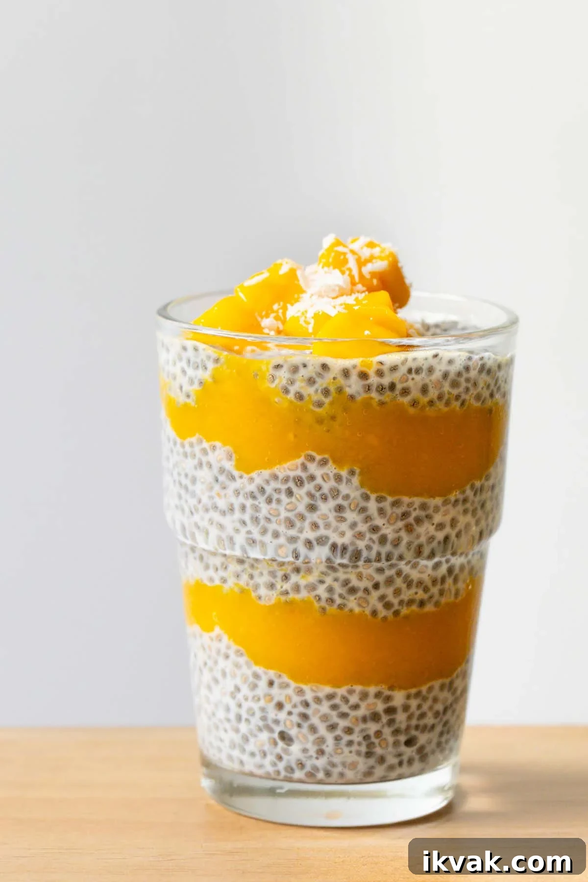 Mango chia pudding topped with mango and coconut