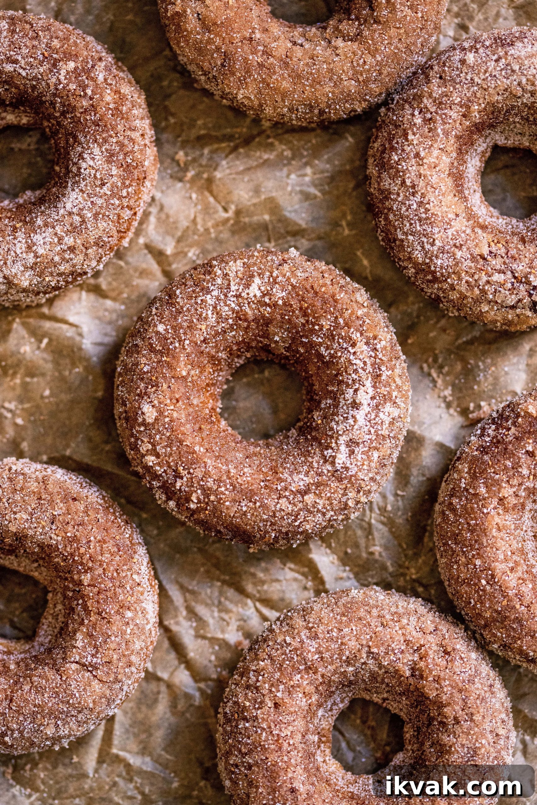 Cinnamon Apple Cider Baked Donuts Recipe 4 Baked Apple Cider Donuts on top of parchment paper