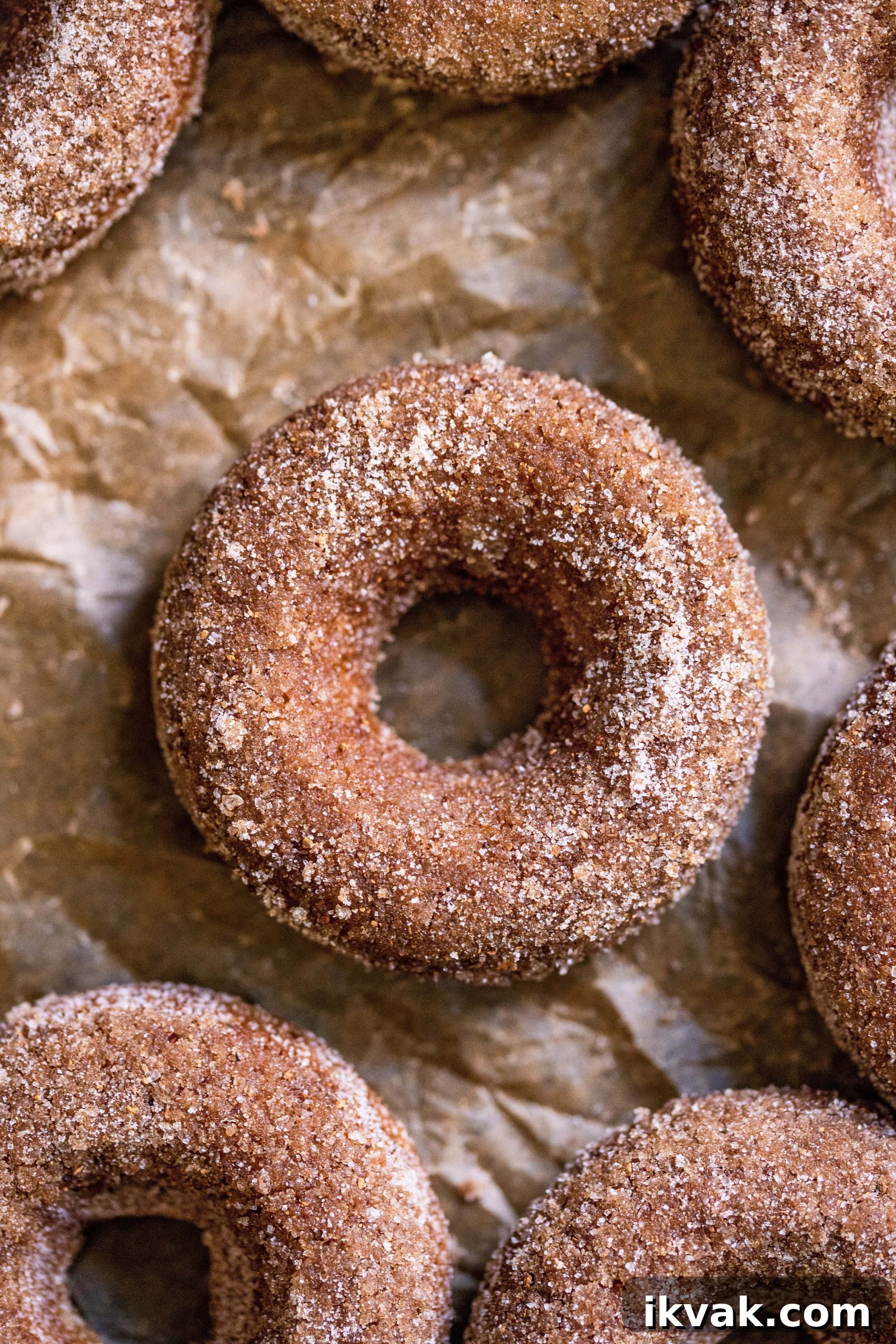 Cinnamon Apple Cider Baked Donuts Recipe 5 Baked Apple Cider Donuts close up on parchment paper