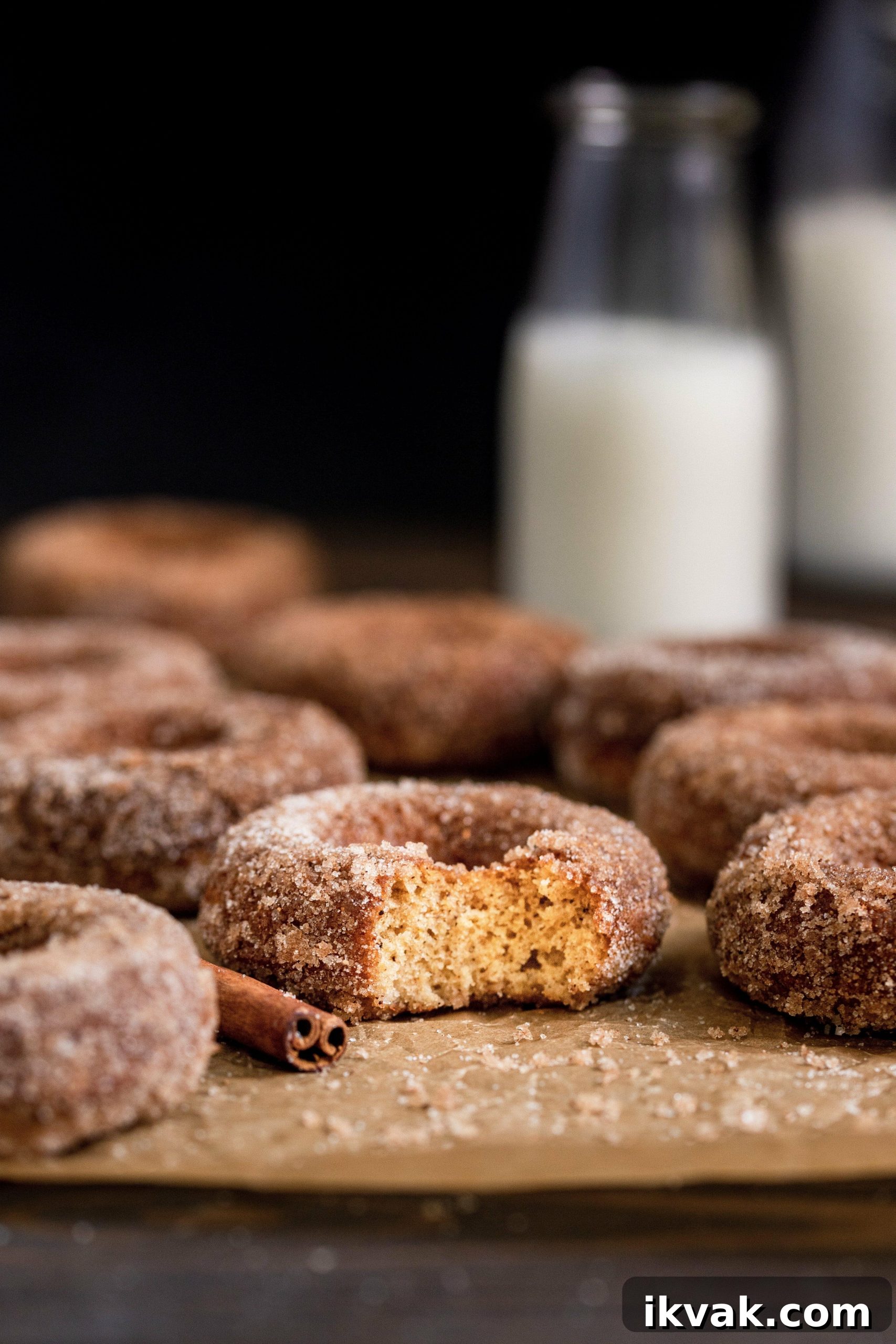 Cinnamon Apple Cider Baked Donuts Recipe 6 Baked Apple Cider Donuts spread out with bite missing
