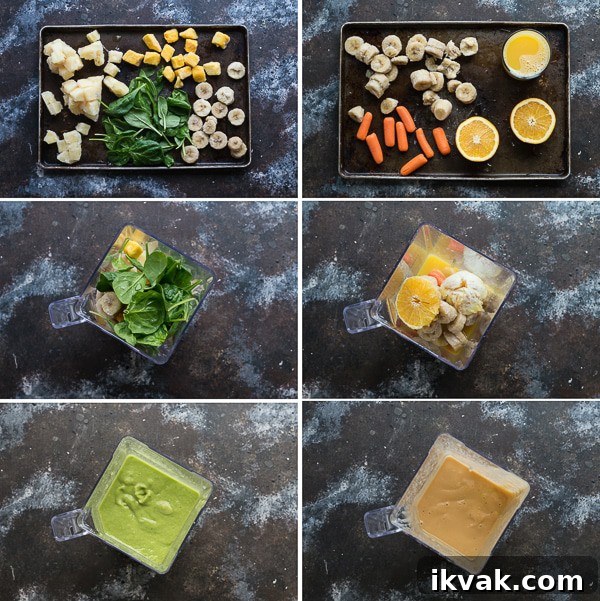 Two layer green monster orange smoothie - healthy and easy to make! Top the smoothie with a fruit skewer. 