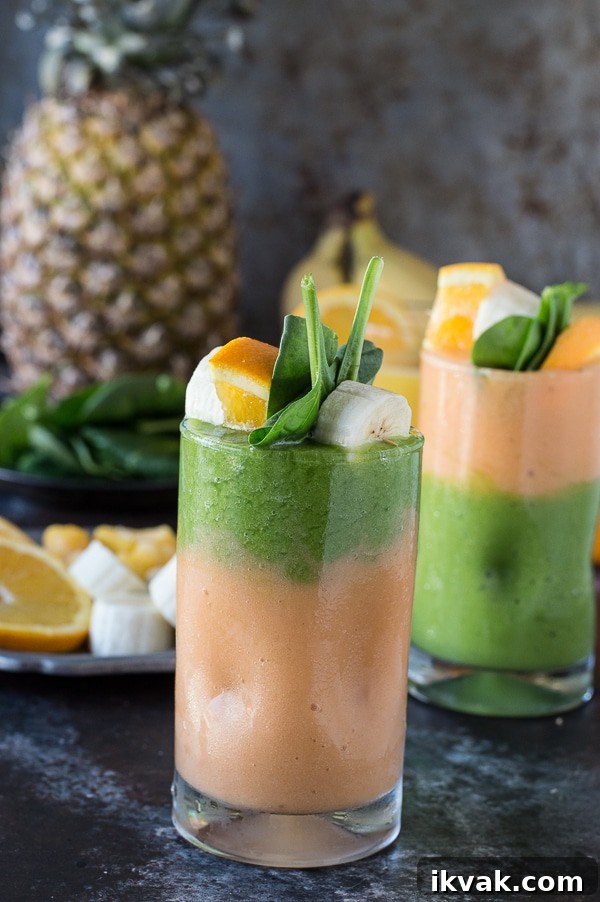 Green Monster Orange Smoothie Recipe — Energizing Citrus Green Shake 6 Two layer green monster orange smoothie - healthy and easy to make! Top the smoothie with a fruit skewer.