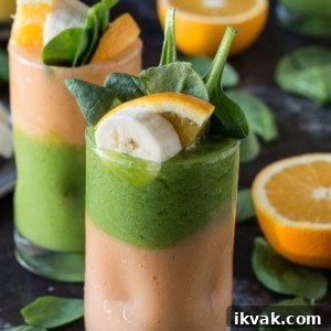 Green Monster Orange Smoothie Recipe — Energizing Citrus Green Shake 7 Two layer green monster orange smoothie - healthy and easy to make! Top the smoothie with a fruit skewer.