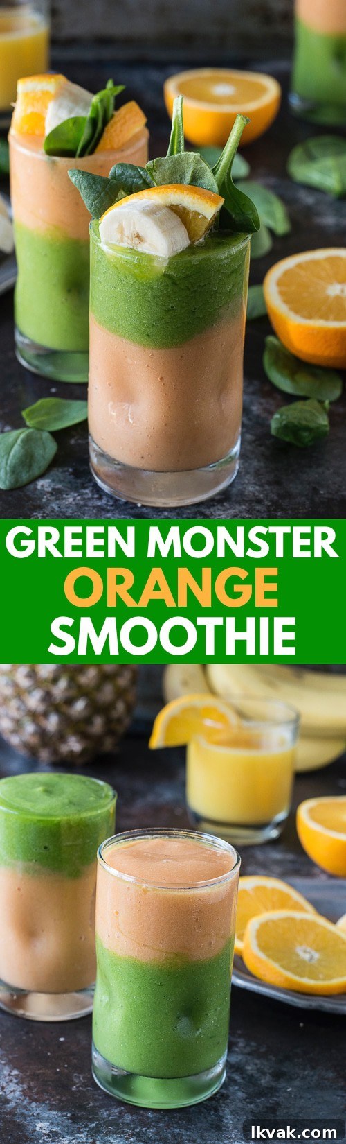 Green Monster Orange Smoothie Recipe — Energizing Citrus Green Shake 9 Two layer green monster orange smoothie - healthy and easy to make! Top the smoothie with a fruit skewer.