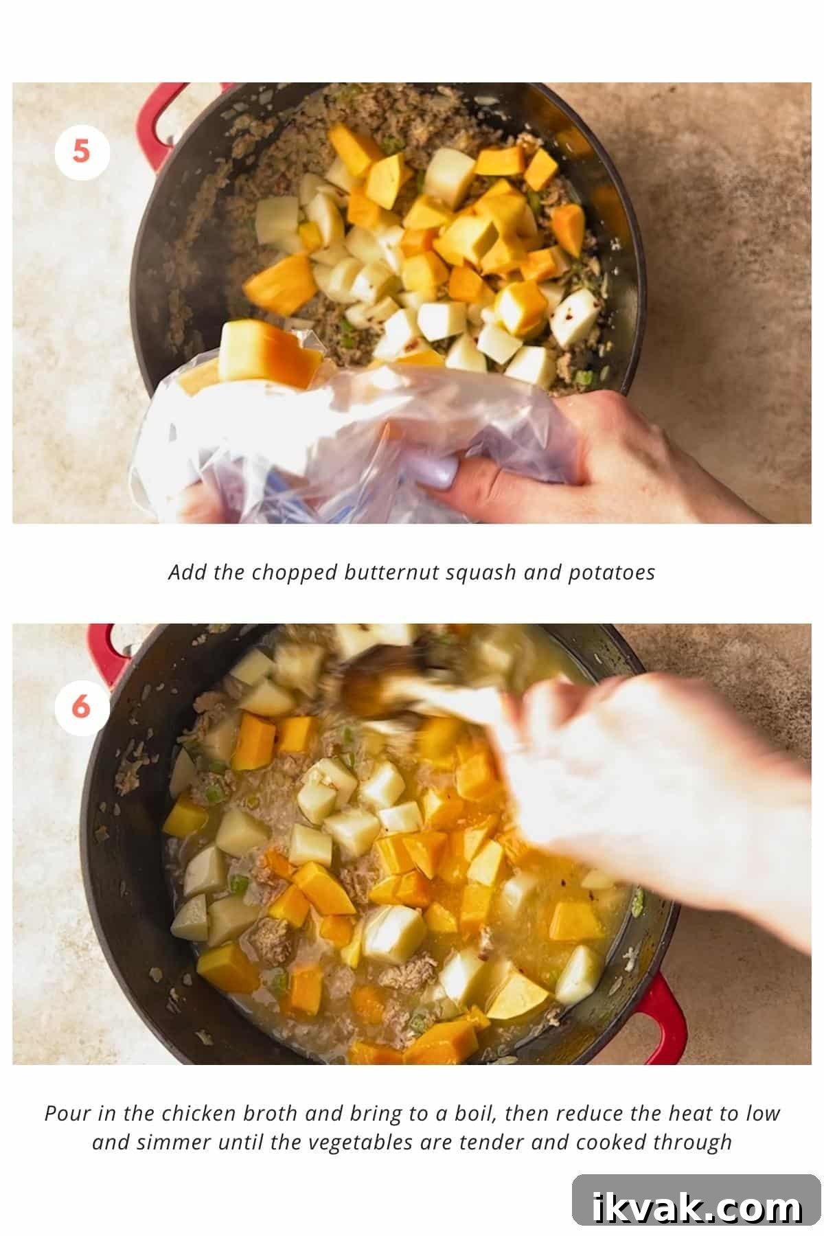 Hearty Ground Turkey Soup Recipe — Cozy Weeknight Dinner 6 Butternut squash and potatoes added to soup pot